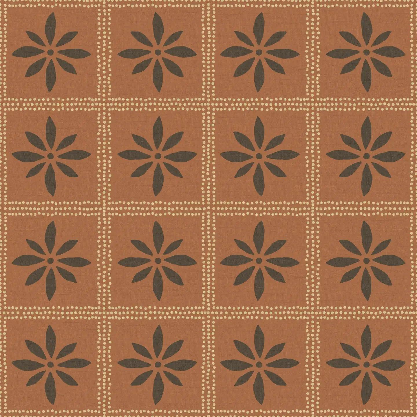 Rustic terracotta-colored wallpaper with traditional Adire patterns, bringing an organic, grounded aesthetic to interior spaces.