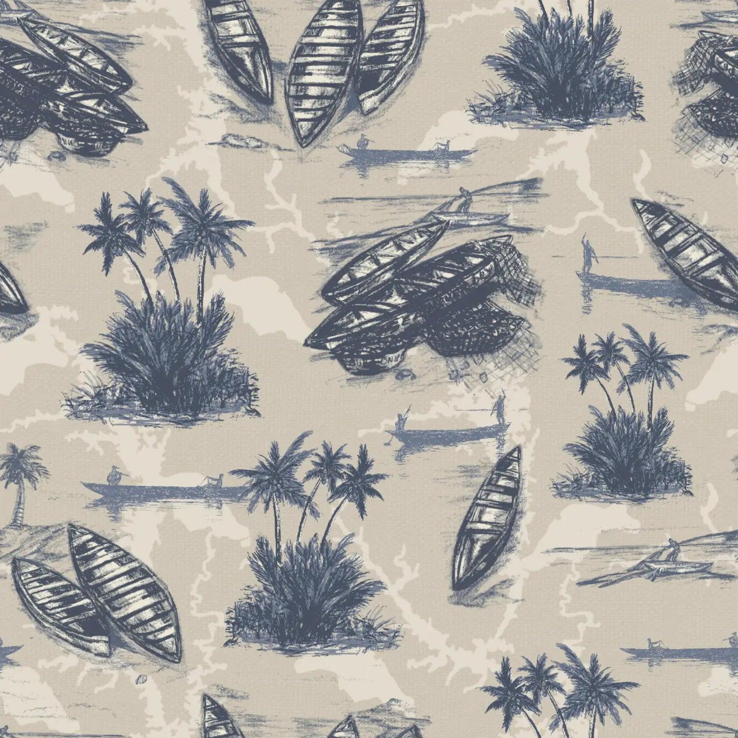 Cape Coast wallpaper roll showcasing Afrocentric design with fishing heritage motifs in Adire Blue and White.