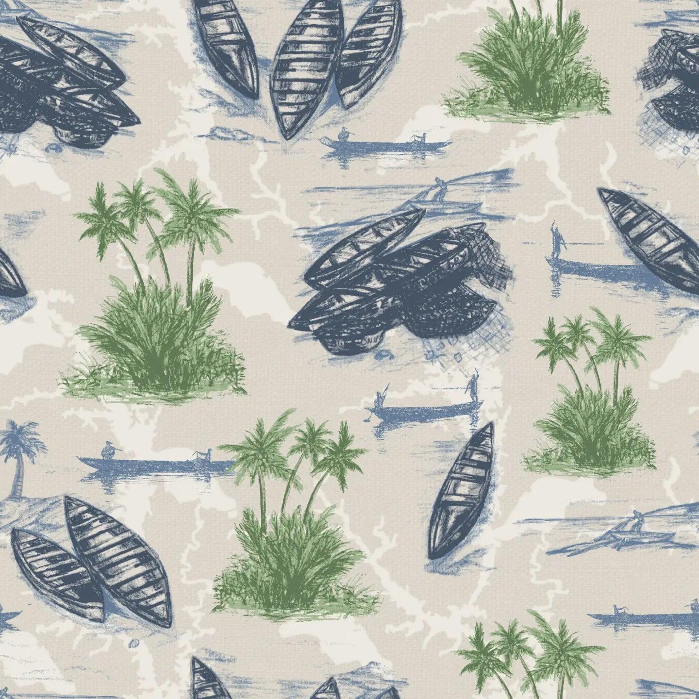 Cape Coast wallpaper roll featuring intricate hand-drawn canoes and palms in Jewel hues.