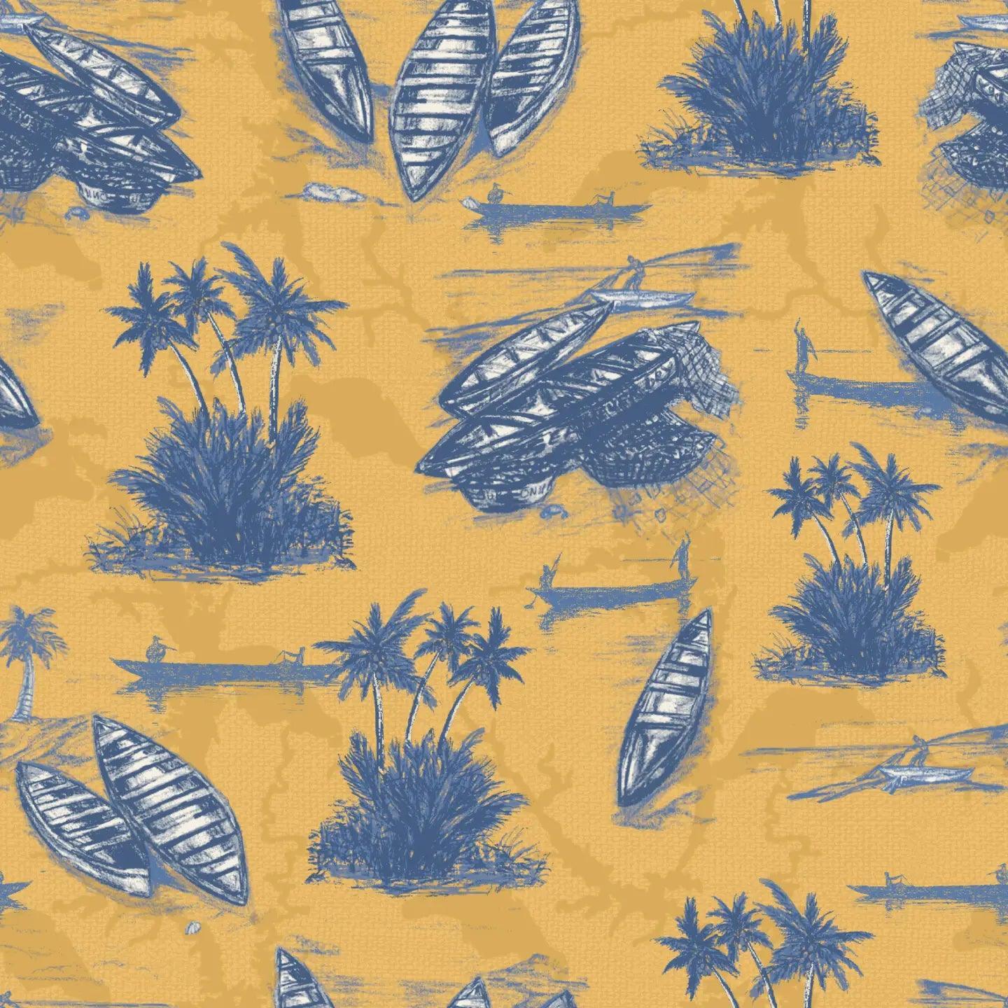 Cape Coast wallpaper roll displaying Afrocentric design with canoes and palms in Ochre and Blue.