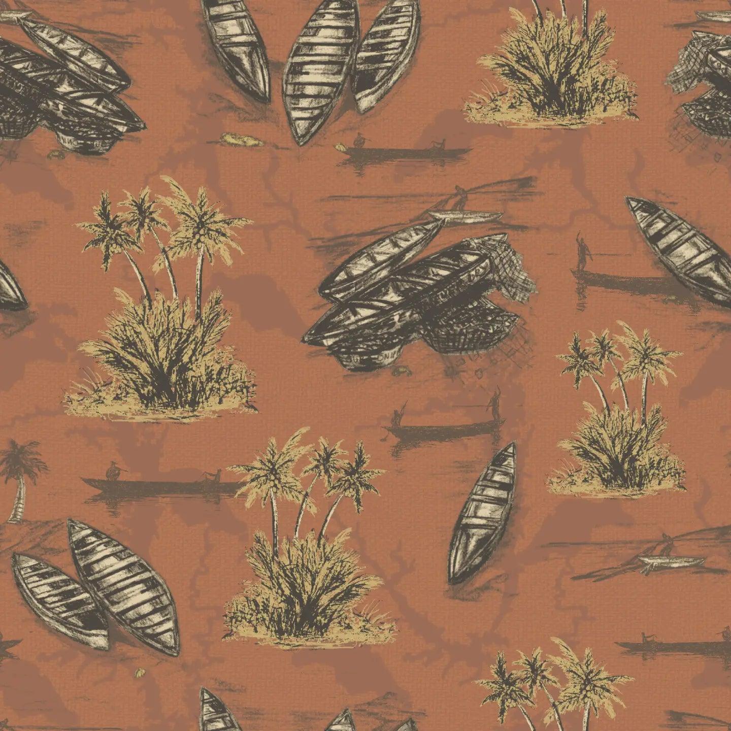 Cape Coast wallpaper roll highlighting hand-drawn palm trees and canoes in Terracotta color.