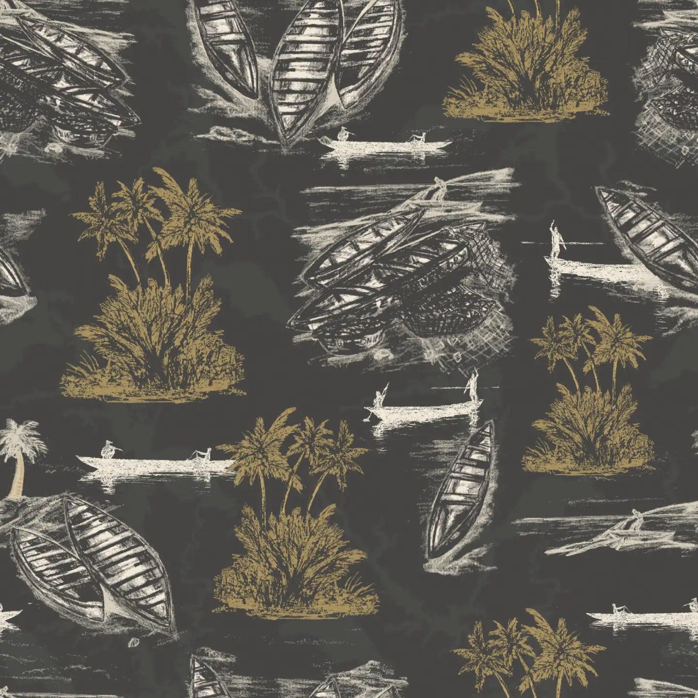 Cape Coast wallpaper roll presenting Afrocentric motifs with canoes and palms in Warm Charcoal.