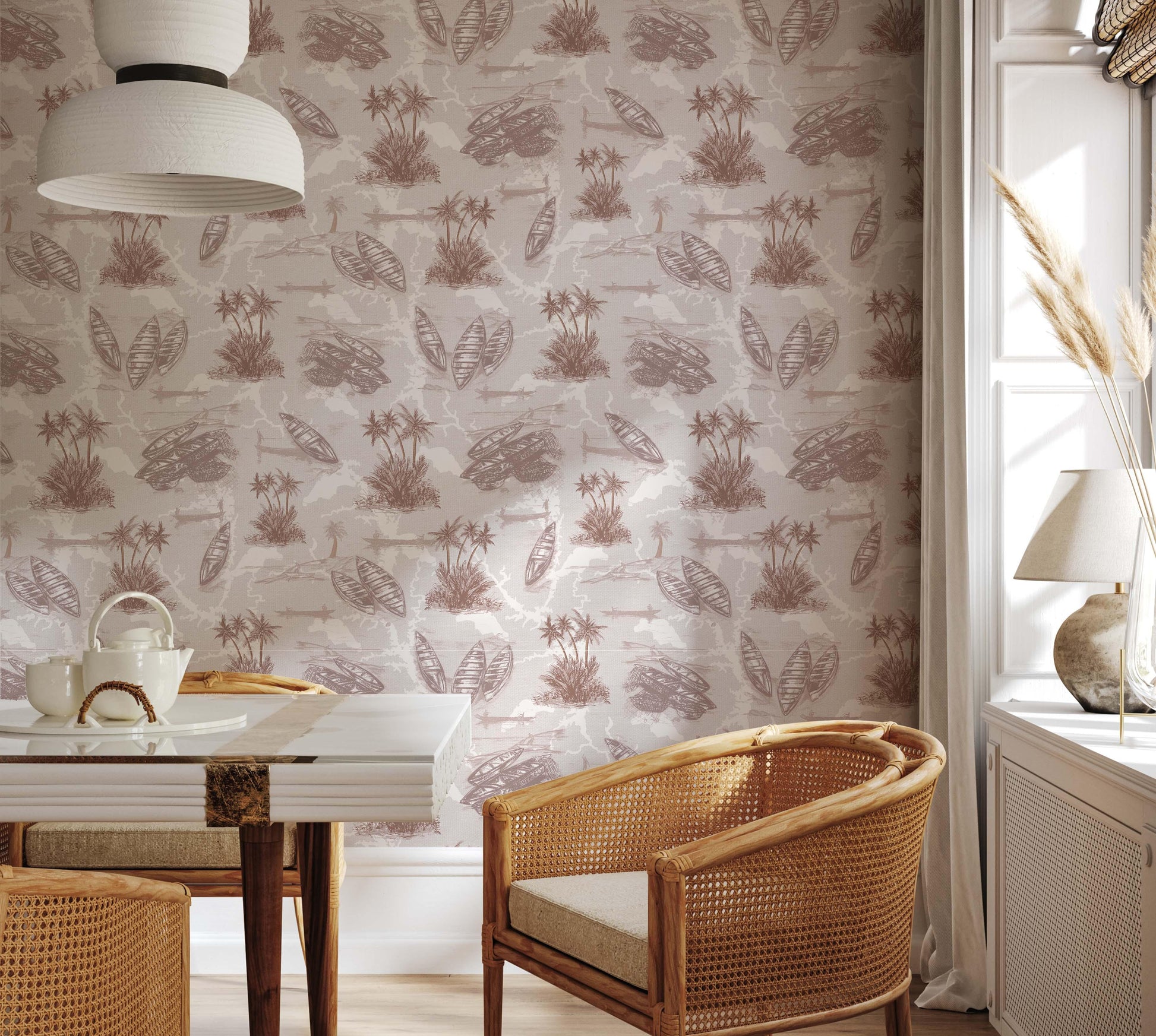 Cape Coast wallpaper displaying intricate fishing canoes and palm trees in Dusty Pink color scheme.