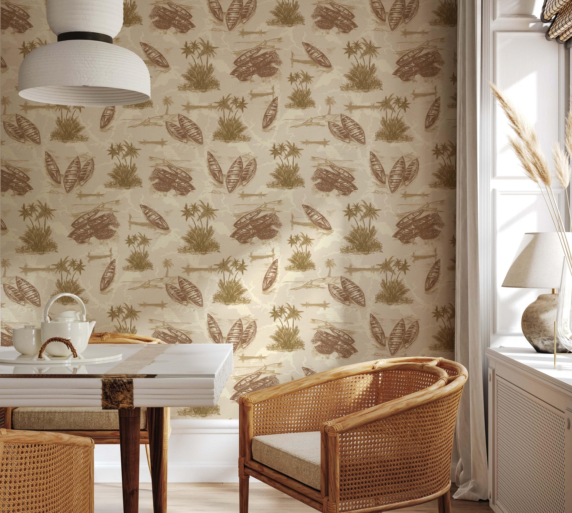 Cape Coast wallpaper illustrating hand-drawn fishing canoes and palm trees in Gold Coast color palette.