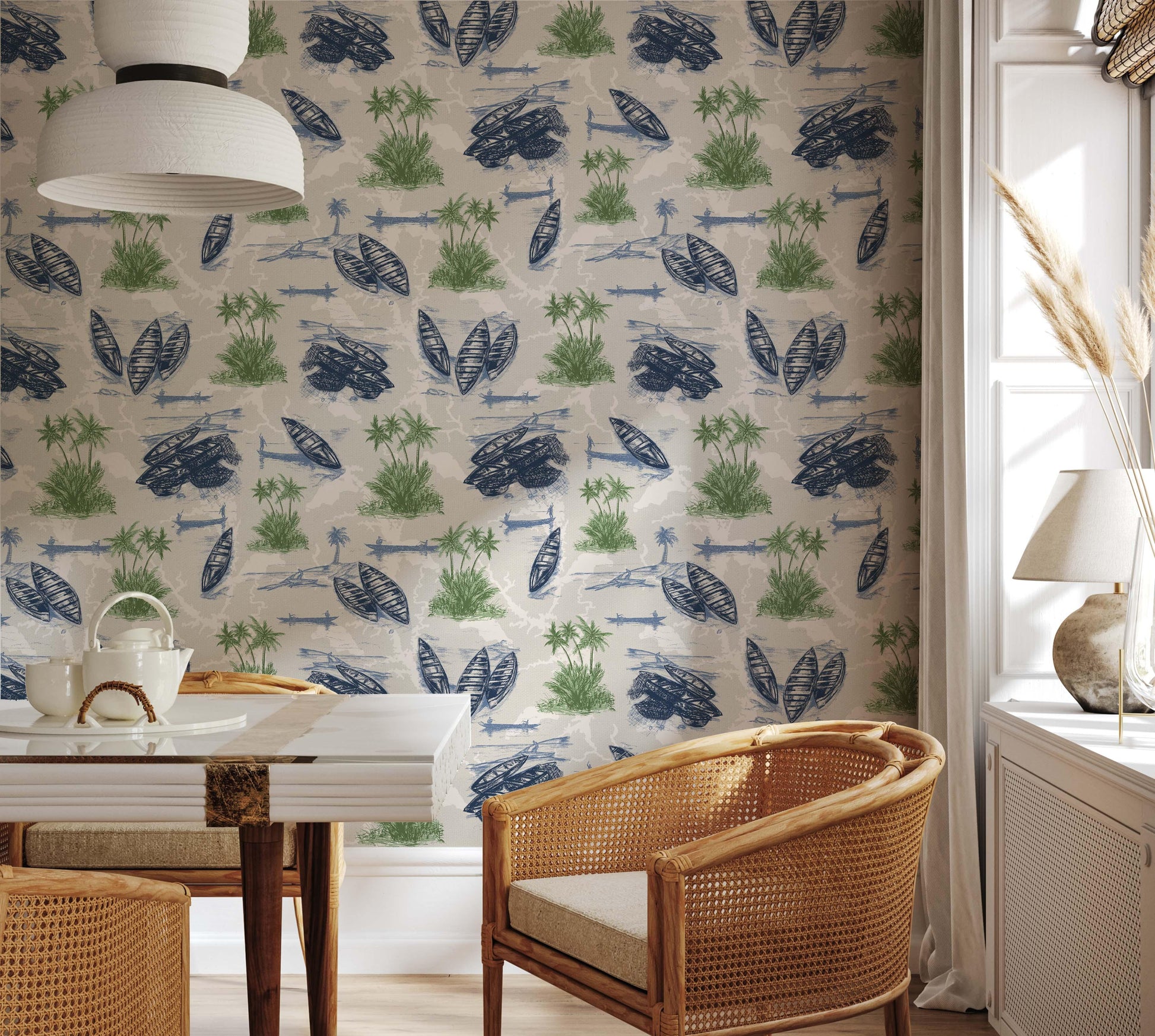 Cape Coast wallpaper depicting Ghanaian fishing scenes with palm trees in Jewel color variant.
