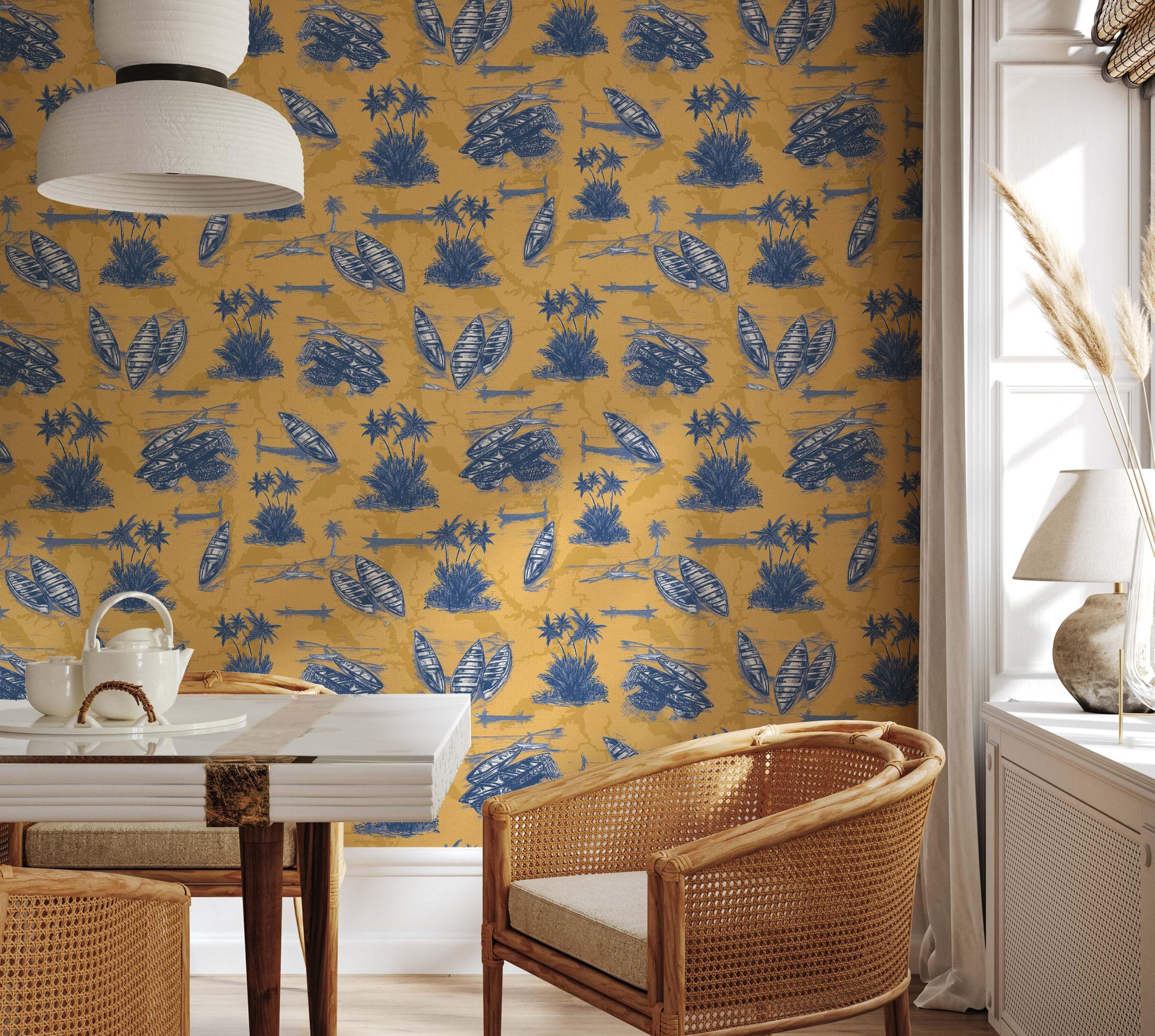 Cape Coast wallpaper showcasing fishing heritage motifs in Ochre and Blue color combination.