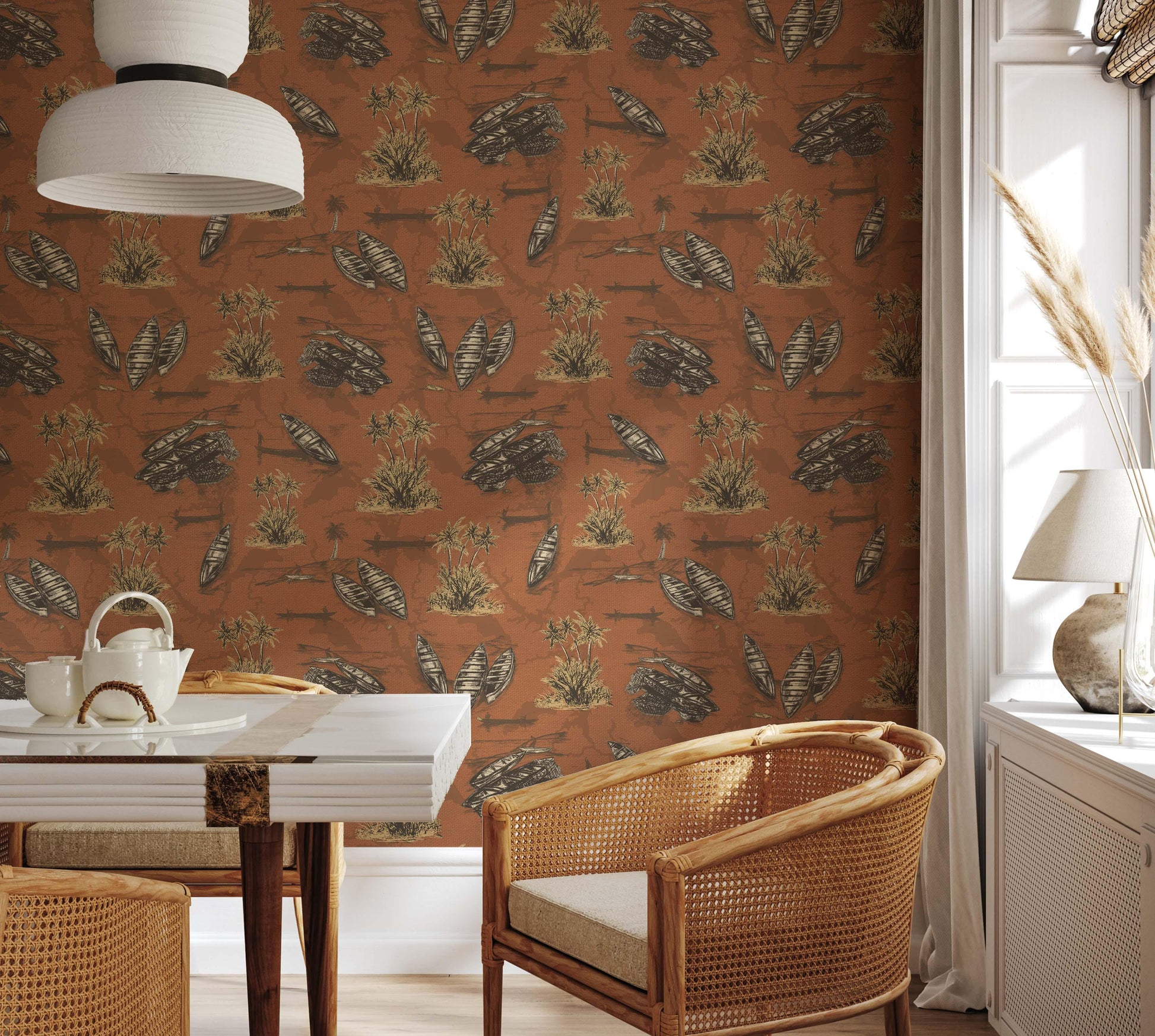 Cape Coast wallpaper illustrating Ghana's coastline with fishing canoes in Terracotta shades.