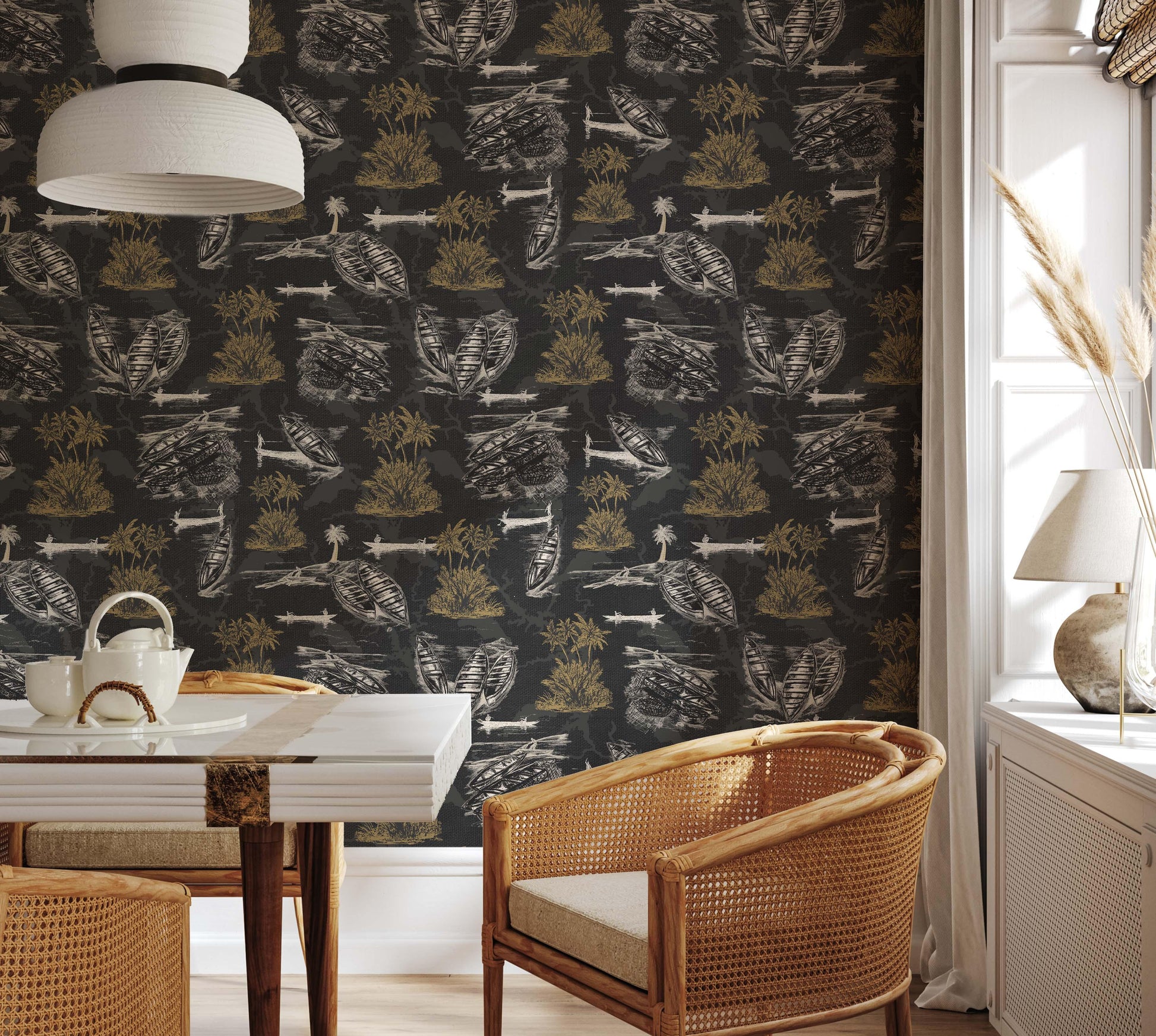 Cape Coast wallpaper featuring intricate fishing heritage designs in Warm Charcoal palette.