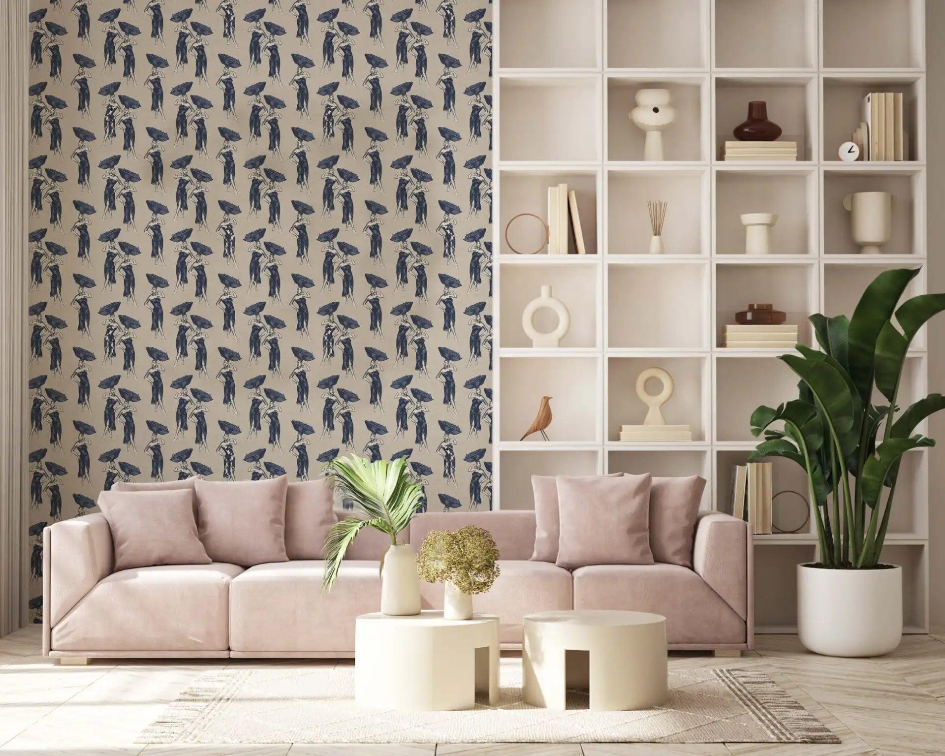 Daavi wallpaper featuring hand-drawn Ghanaian woman in Adire Blue and White, symbolizing resilience and grace.
