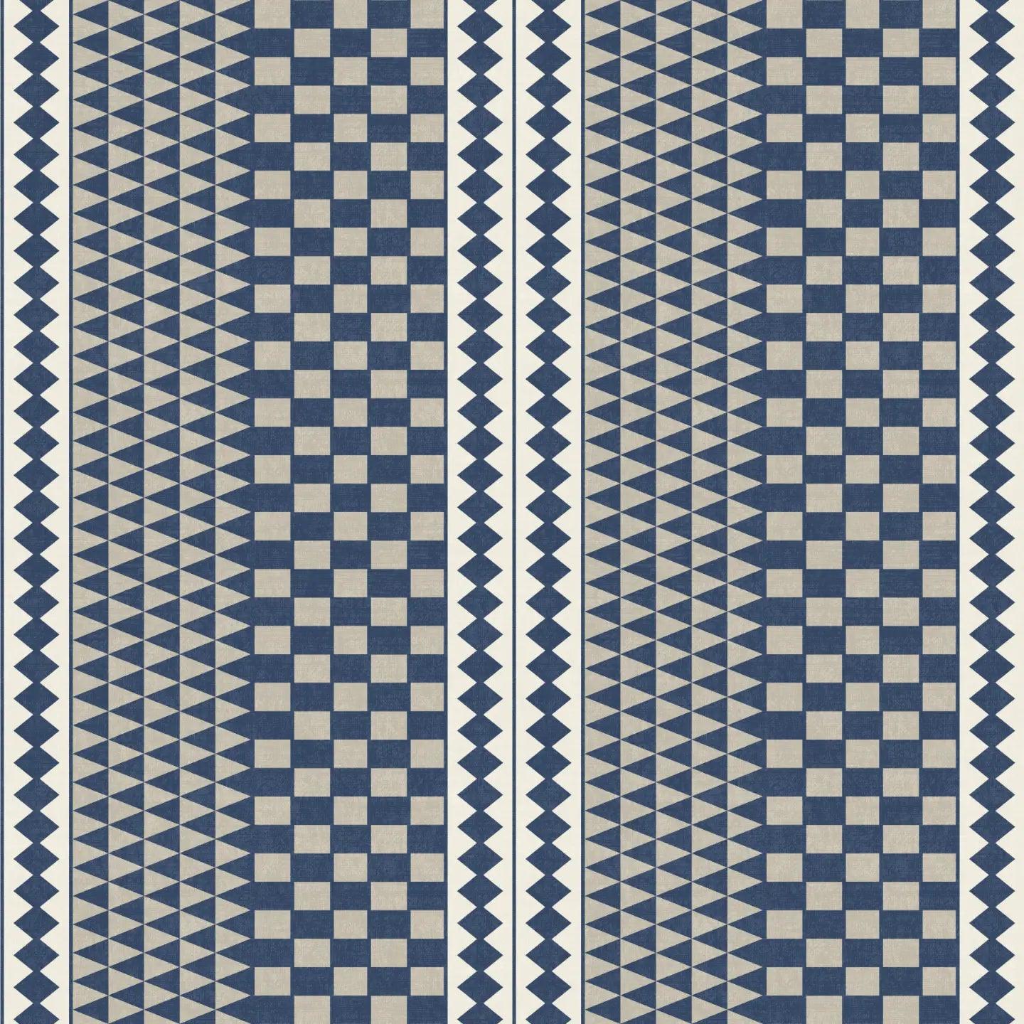 A repeating geometric pattern tutu blue and white wallpaper featuring triangles and squares.
