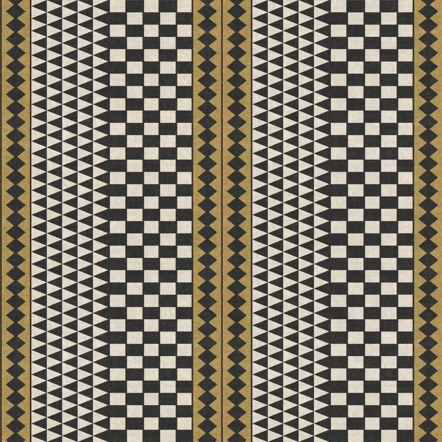 A repeating geometric pattern tutu warm chocolate color wallpaper featuring yellow triangles and squares.
