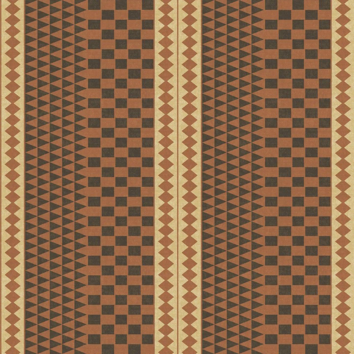 A repeating geometric pattern tutu terracotta wallpaper featuring yellow triangles and squares.