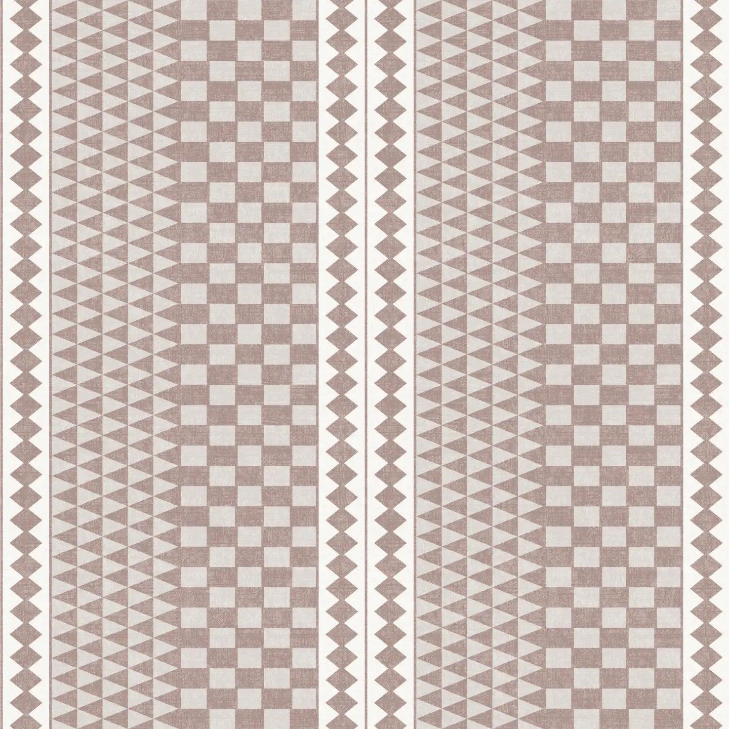A repeating geometric pattern tutu dusty pink wallpaper featuring triangles and squares.