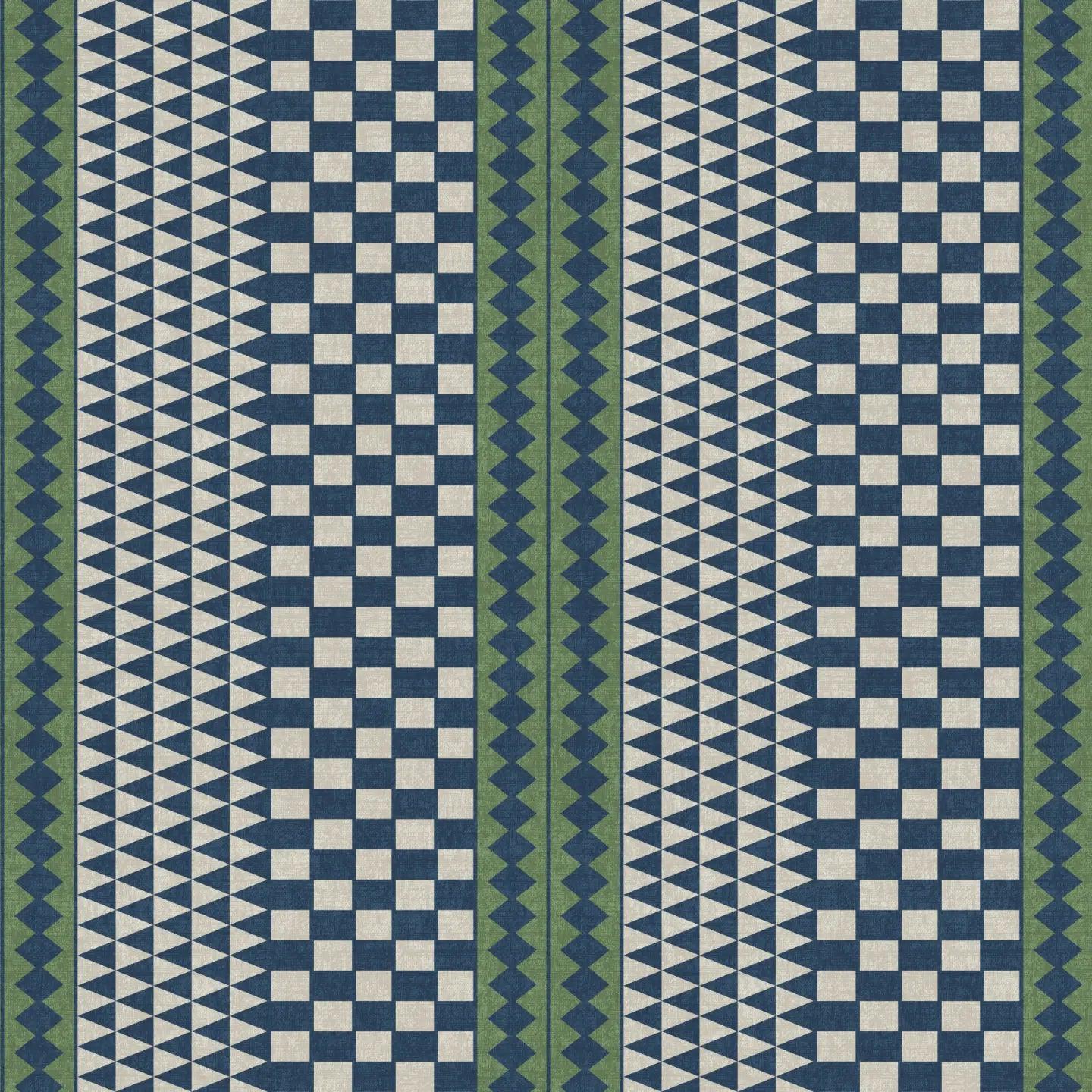 Repeating geometric pattern tutu wallpaper featuring blue and white squares and triangular shapes.