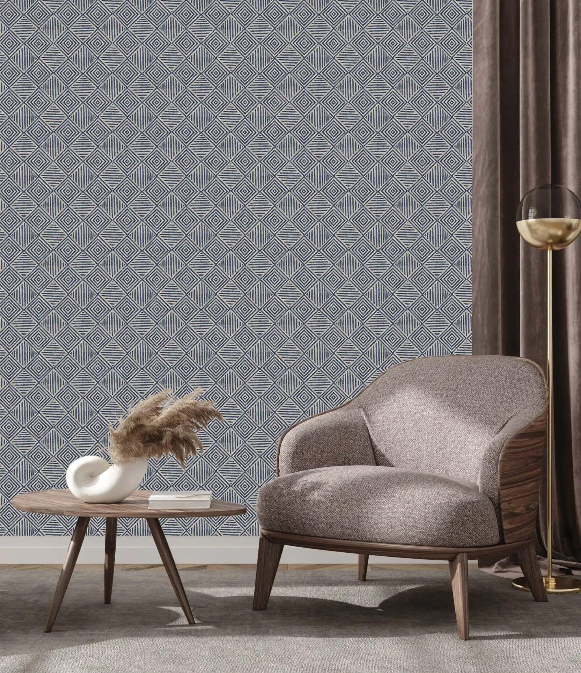 Àdìrẹ-inspired wallpaper featuring intricate indigo blue and white tribal patterns, adding cultural richness to any interior space.