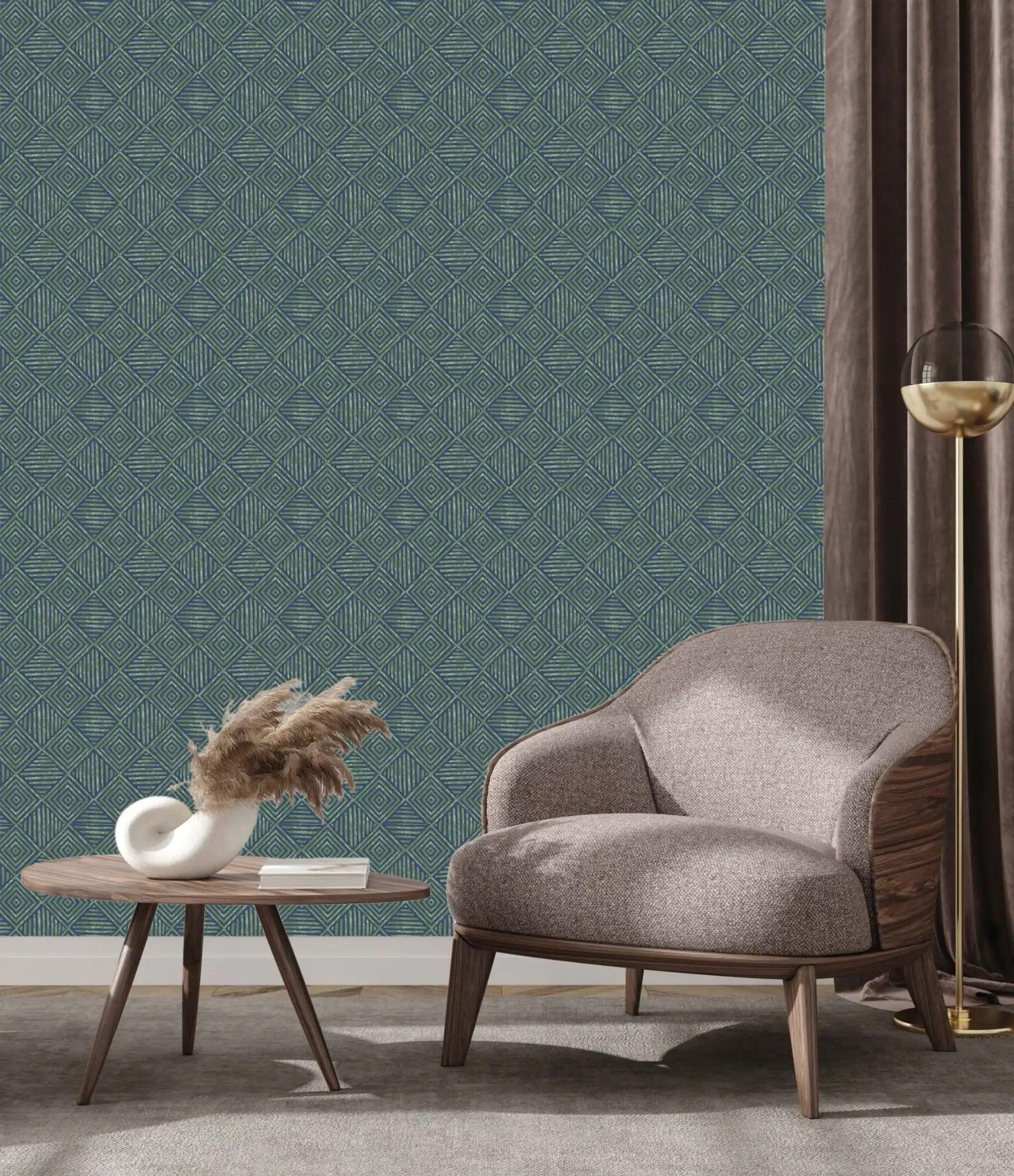 Blue and white Àdìrẹ-printed wallpaper with striking traditional motifs, perfect for modern yet heritage-rich interior spaces.