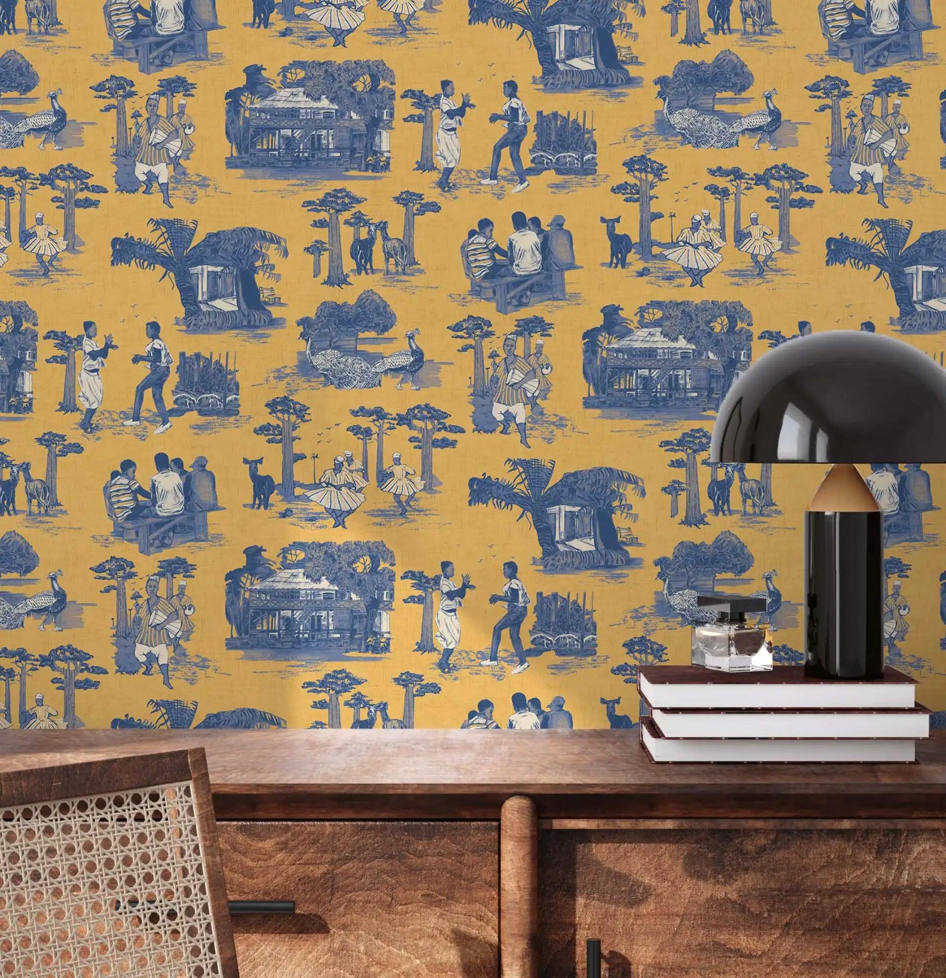 A vibrant yellow takai wallpaper features detailed scenes of people, animals, and nature in earthy tones.