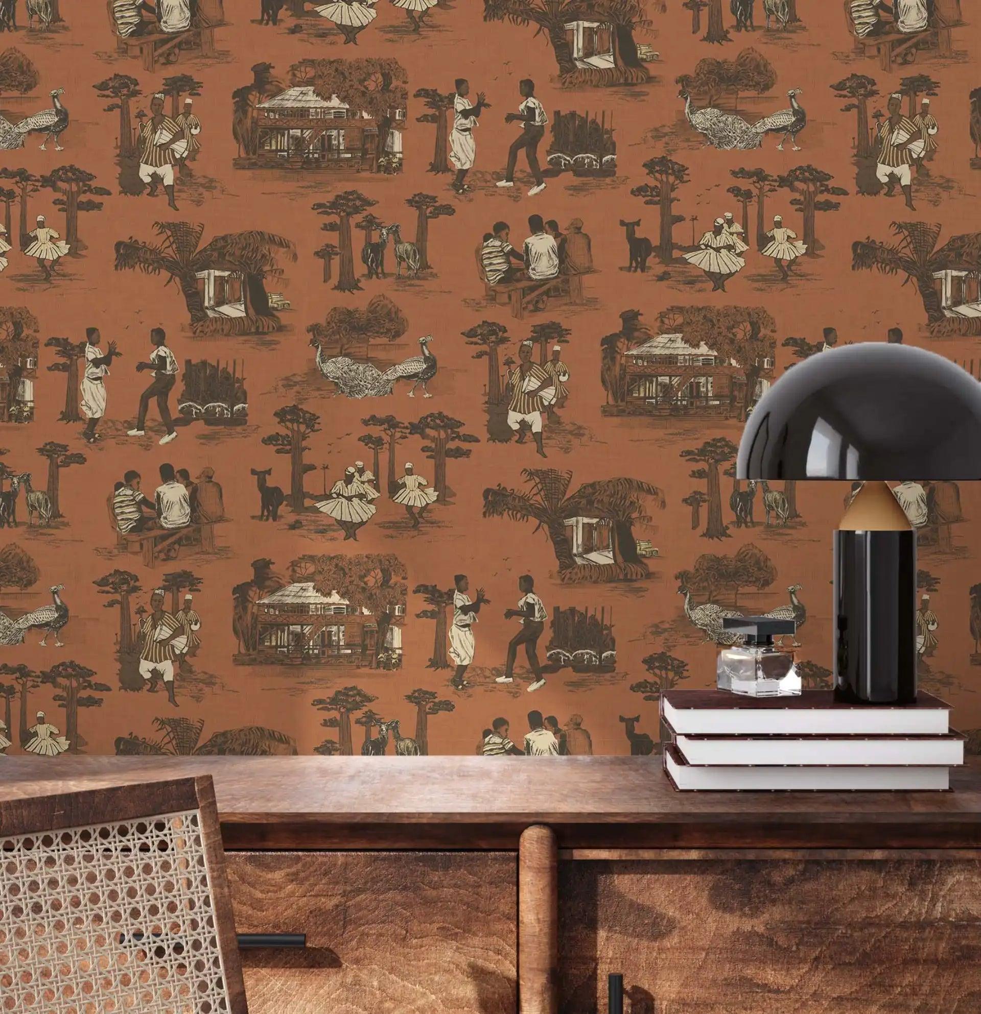 A vintage-style takai wallpaper features detailed scenes of people, animals, and nature in earthy tones