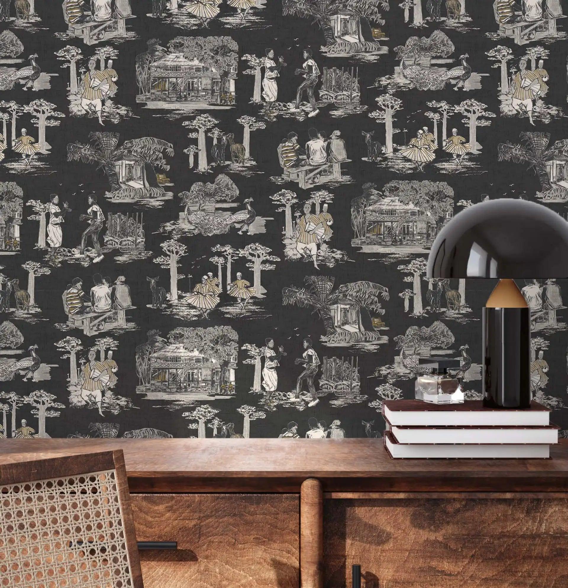 Black takai wallpaper featuring pastoral scenes. A sleek wooden table with a stylish lamp and stacked books.