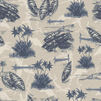 Cape Coast wallpaper roll showcasing Afrocentric design with fishing heritage motifs in Adire Blue and White.