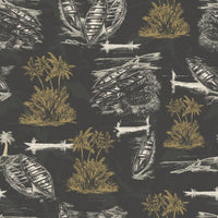 Cape Coast wallpaper roll presenting Afrocentric motifs with canoes and palms in Warm Charcoal.