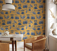 Cape Coast wallpaper showcasing fishing heritage motifs in Ochre and Blue color combination.