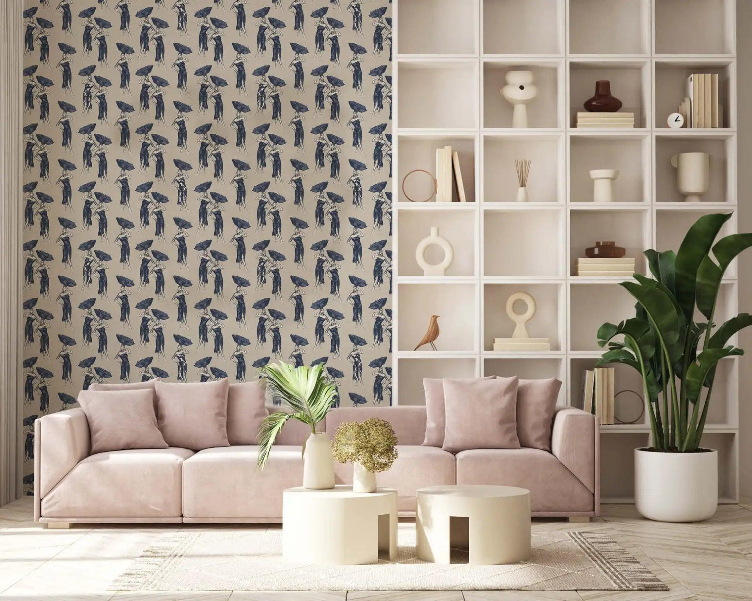 Daavi wallpaper featuring hand-drawn Ghanaian woman in Adire Blue and White, symbolizing resilience and grace.