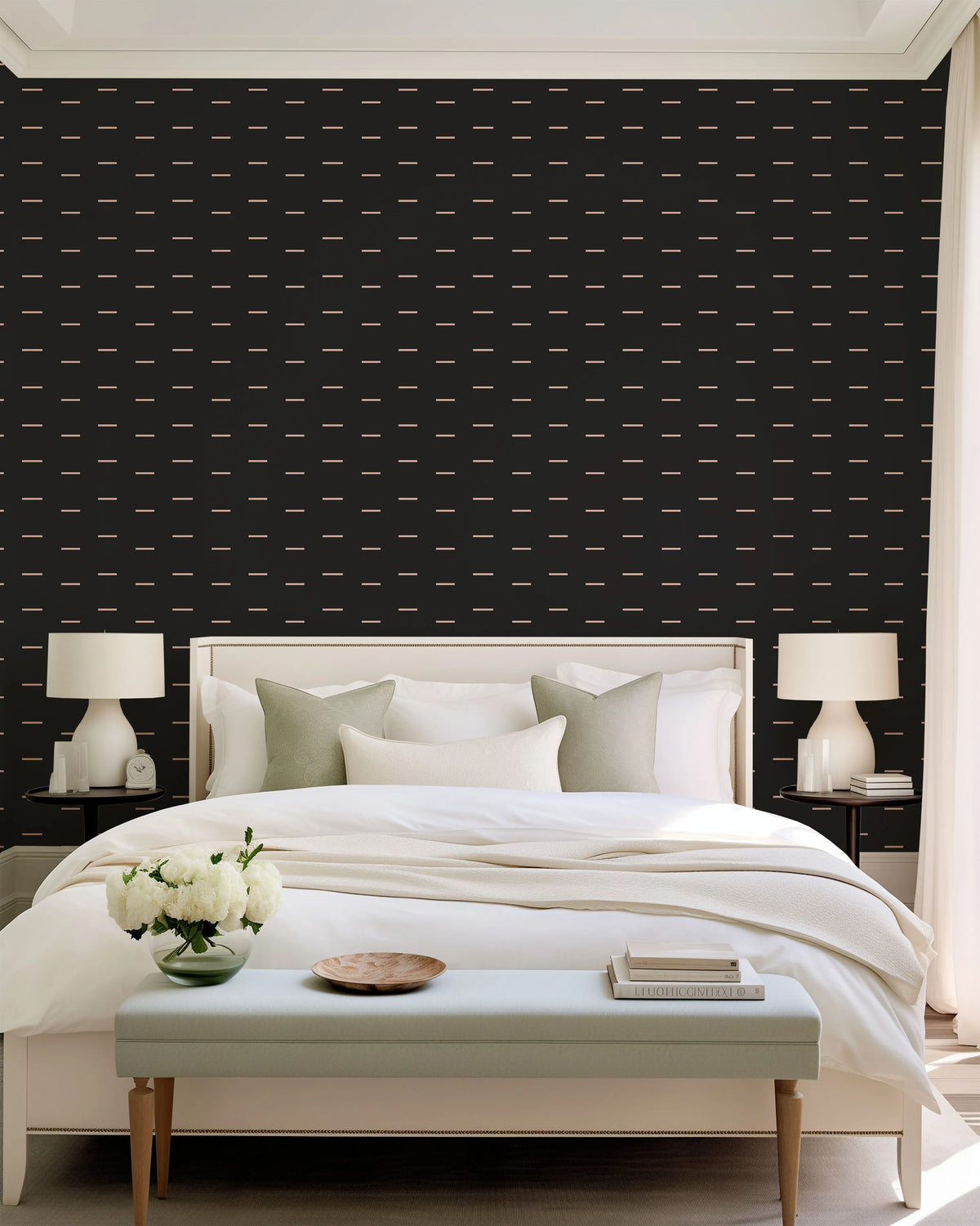 Savanna Lines wallpaper in Charcoal, bedroom setting