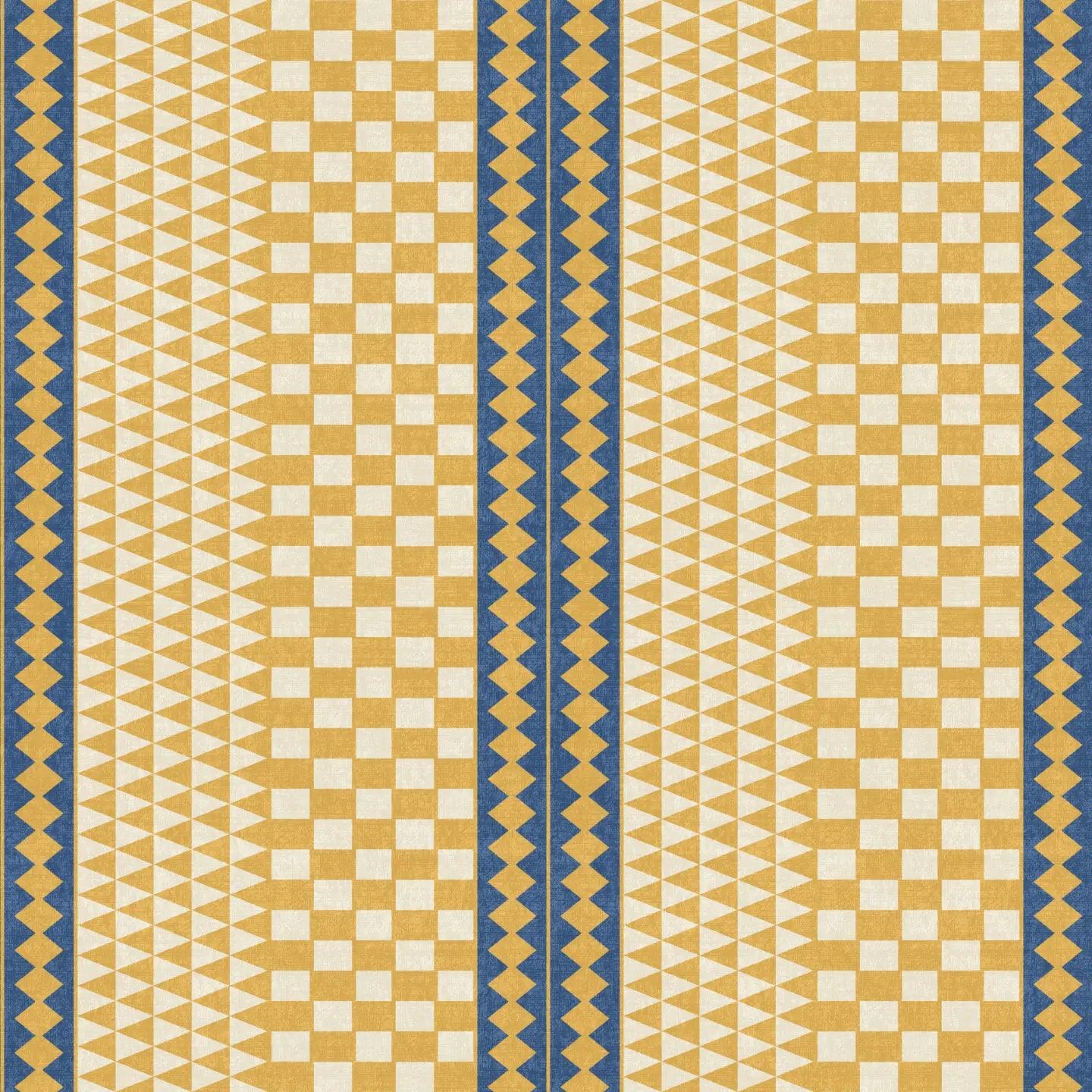 A repeating geometric pattern ochre yellow wallpaper featuring yellow triangles and squares, bordered by blue stripes.