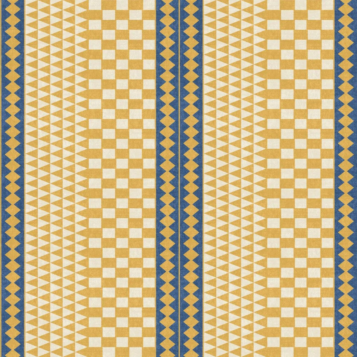 A repeating geometric pattern ochre yellow wallpaper featuring yellow triangles and squares, bordered by blue stripes.