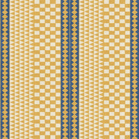A repeating geometric pattern ochre yellow wallpaper featuring yellow triangles and squares, bordered by blue stripes.